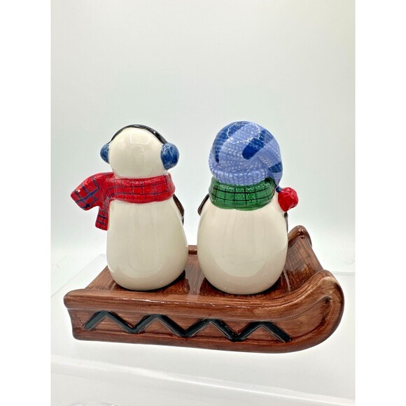 St. Nicholas Square Snowman Salt & Pepper Shakers on Sled “Button Up” Set - Picture 4 of 9